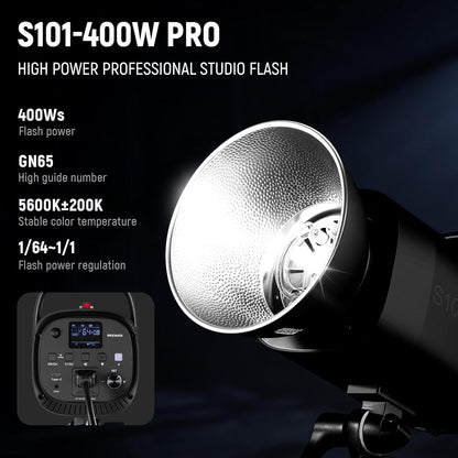 NEEWER 800Ws Studio Monolight Strobe Flash Set: S101-400W PRO 5600K flitslicht Studio met 2,4G trigger/150W instellamp/Bowens Mount/softboxen/standaard/reflector/tas, compatibel met QPRO