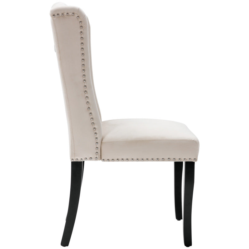 Eetkamerstoel – Dining Stoel – Kuipstoel – Keukenstoel – Fauteuil – Velvet Bekleding – Eikenhouten Poten met Chroom – Nailhead Details – Beige – Set van 2