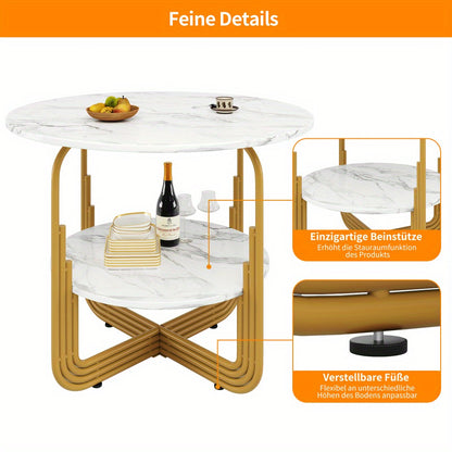 Eettafel – Ronde Tafel – Keukentafel – Woonkamertafel – Dinertafel – MDF Blad Marmerprint – Gouden Metalen Onderstel 80x80x76 cm