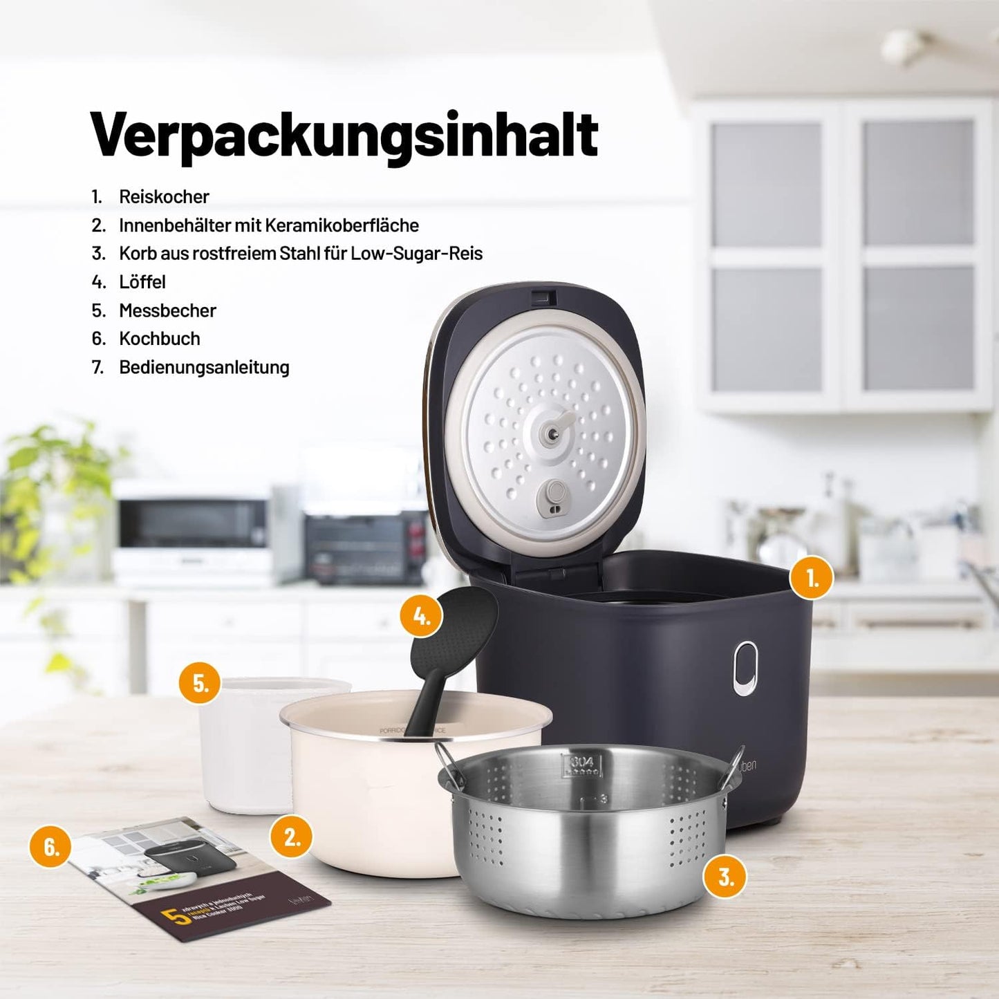 Lauben Low Sugar rijstkoker rijstkoker met low-sugar-functie, 3 l volume, 6 modi, vertraagde start, warm houden, anti-aanbak-keramisch oppervlak, vaatwasmachinebestendig, kookboek, overloopbeveiliging