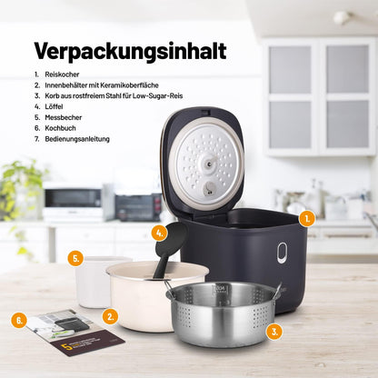 Lauben Low Sugar rijstkoker rijstkoker met low-sugar-functie, 3 l volume, 6 modi, vertraagde start, warm houden, anti-aanbak-keramisch oppervlak, vaatwasmachinebestendig, kookboek, overloopbeveiliging
