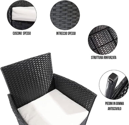 Arreditaly Tuinmeubelset, woonkamer, rotan, 4-zits met tafel en glazen rek, 2 stoelen en 2-zits, voor tuin, buitenzwembad, afneembare kussens (zwart)