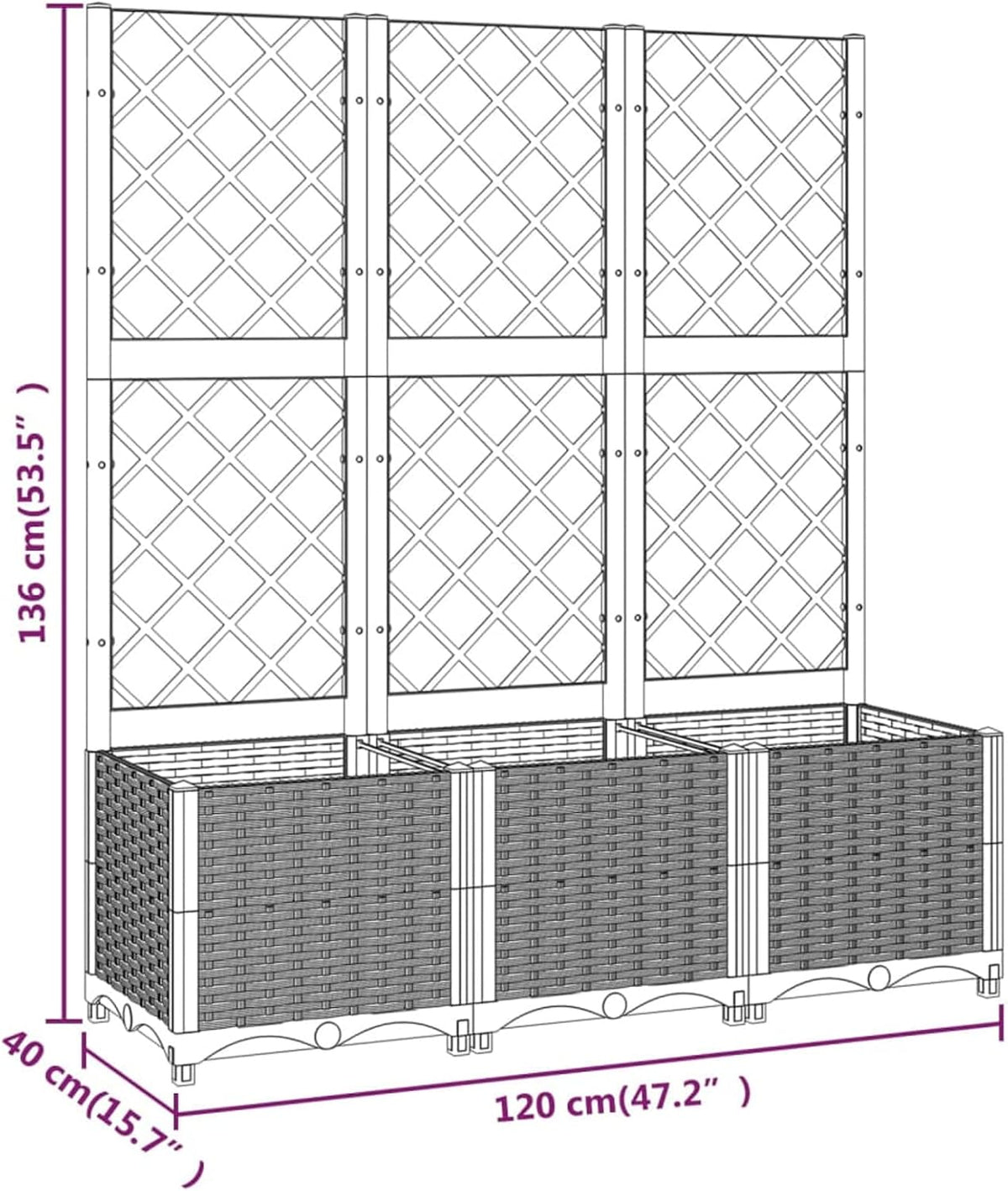 Gecheer Planter with trellis garden fence frost and UV resistant trellis climbing aid planter flower box flower box black 120x40x136 cm polypropylene - QUORE