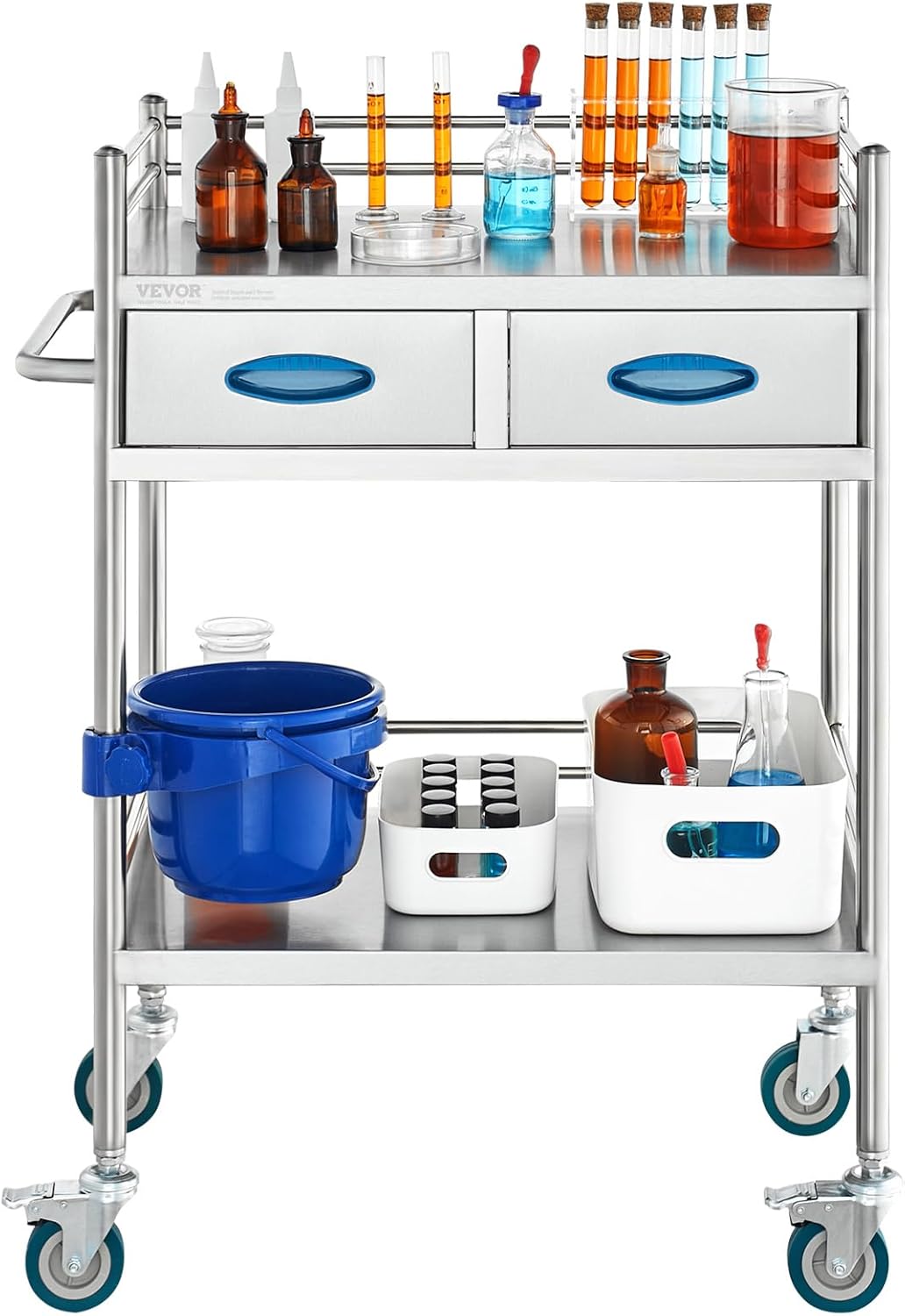VEVOR Medische trolley met 2 lagen en 2 laden, 59,9 x 42,9 x 85,1 cm, laboratoriumwagen van roestvrij staal, metalen wagen met 4 omnidirectionele wielen voor klinieken, spa en hotels