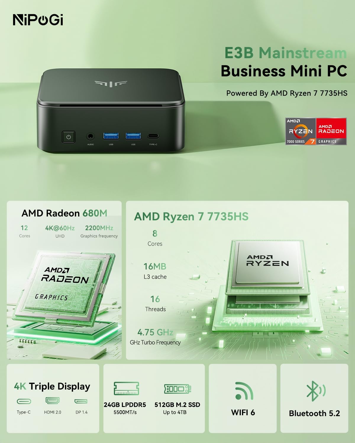 NiPoGi E3B Mini-pc, MD Ryzen 7 7735HS(8C/16T, tot 4,75 GHz), 24 GB LPDDR5, 512 GB M.2 SSD, mini-desktopcomputer W-11 Pro voor school/kantoor, AMD Radeon 680M, WiFi 6, 4K Triple Display.