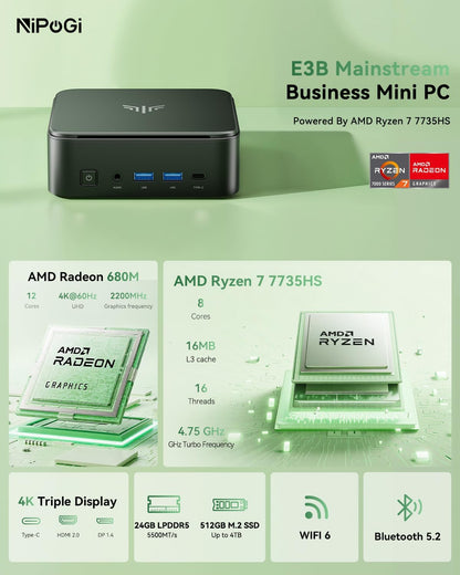 NiPoGi E3B Mini-pc, MD Ryzen 7 7735HS(8C/16T, tot 4,75 GHz), 24 GB LPDDR5, 512 GB M.2 SSD, mini-desktopcomputer W-11 Pro voor school/kantoor, AMD Radeon 680M, WiFi 6, 4K Triple Display.