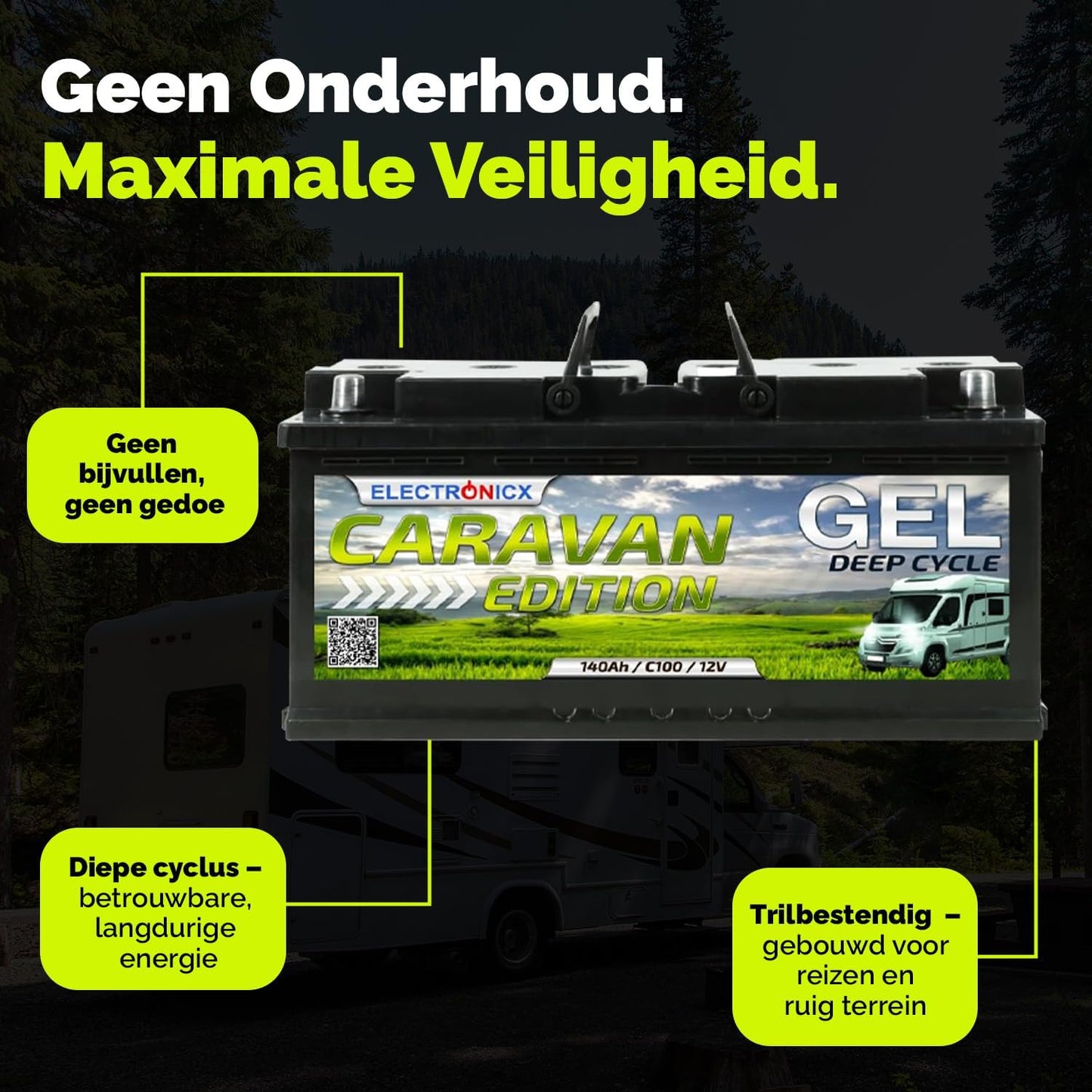 Electronicx GEL Accu 12V 140Ah – Deep Cycle 140Ah onderhoudsvrij voor camper, caravan, boot, tuinhuis, off-grid zonnepaneel, energieopslag – 393×175×190 mm – GEL serviceaccu