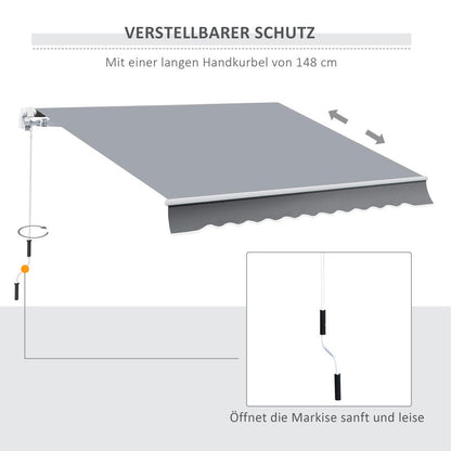 Awning, 3.95 x 2.45m, sun protection, retractable, with hand crank, metal frame, polyester, grey/ white, Outdoor Shade, Backyard Shelter, Sleek Shade, Retractable Awning, Reinforced Frame, Weatherresistant Fabric, Retractable