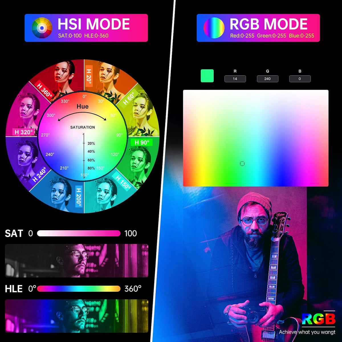GVM 300C RGB videolamp, 300W Bowens LED studiolamp 2000K-10000K fotografielamp met DMX, 48200 lux/m COB videoverlichting voor het filmen van YouTube, 16 lichteffecten, RGB videolamp Videolicht