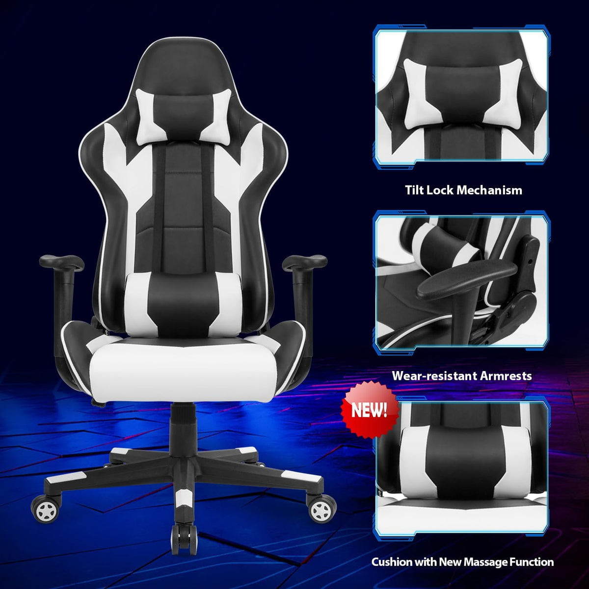 Homall Gamingstoel, bureaustoel, draaibare racestoel, computerstoel, pc-gamerstoel, ergonomisch ontwerp, zwaar belastbare stoel, hoge rugleuning ligstoel met kussen en rugsteun (wit)