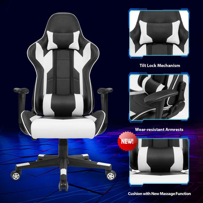 Homall Gamingstoel, bureaustoel, draaibare racestoel, computerstoel, pc-gamerstoel, ergonomisch ontwerp, zwaar belastbare stoel, hoge rugleuning ligstoel met kussen en rugsteun (wit)