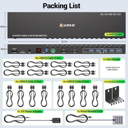 16 Port KVM Switch HDMI 4K@60Hz EDID Simulatie, 1U Rack Mount USB 3.0 HDMI KVM Switch voor 16 Computer/Servers, met 6 USB 3.0 Poort, TF/SD, Audio RS232, met 12V Voeding, Controller en 16 USB Kabels