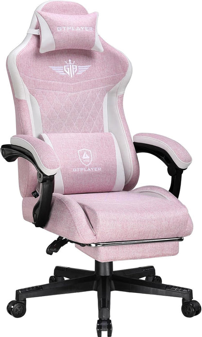 GTPLAYER Ergonomic Linen Gaming Chair with Lumbar Support, Computer Chair with Extended Backrest, Supports up to 150 kg, Pink - QUORE