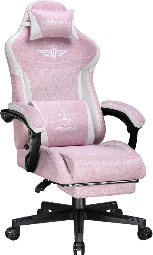 GTPLAYER Ergonomic Linen Gaming Chair with Lumbar Support, Computer Chair with Extended Backrest, Supports up to 150 kg, Pink - QUORE