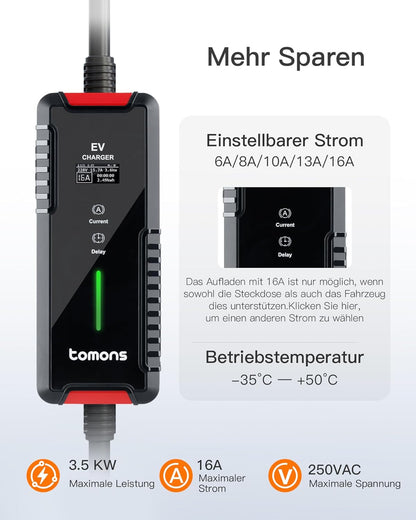 tomons Oplader voor elektrische auto, type 2, 3,5 kW, 16 A, 6 m, instelbare stroom 6/8/10/13/16 A, IP66, draagbare oplader voor EV's en PHEV's, mobiele wandbox, met led-display en vertragingsfunctie.