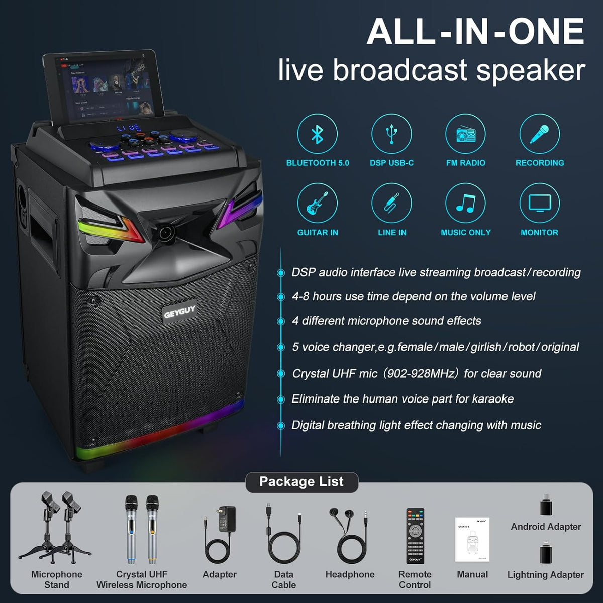 DSP Bluetooth karaoke-machine met 2 microfoonluidsprekers, 600 W 10 inch subwoofer PA-installatie, live streaming/geluidseffects/DJ Lights/FM-radio voor YouTube, Tiktok GTSK10-1