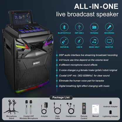 DSP Bluetooth karaoke-machine met 2 microfoonluidsprekers, 600 W 10 inch subwoofer PA-installatie, live streaming/geluidseffects/DJ Lights/FM-radio voor YouTube, Tiktok GTSK10-1