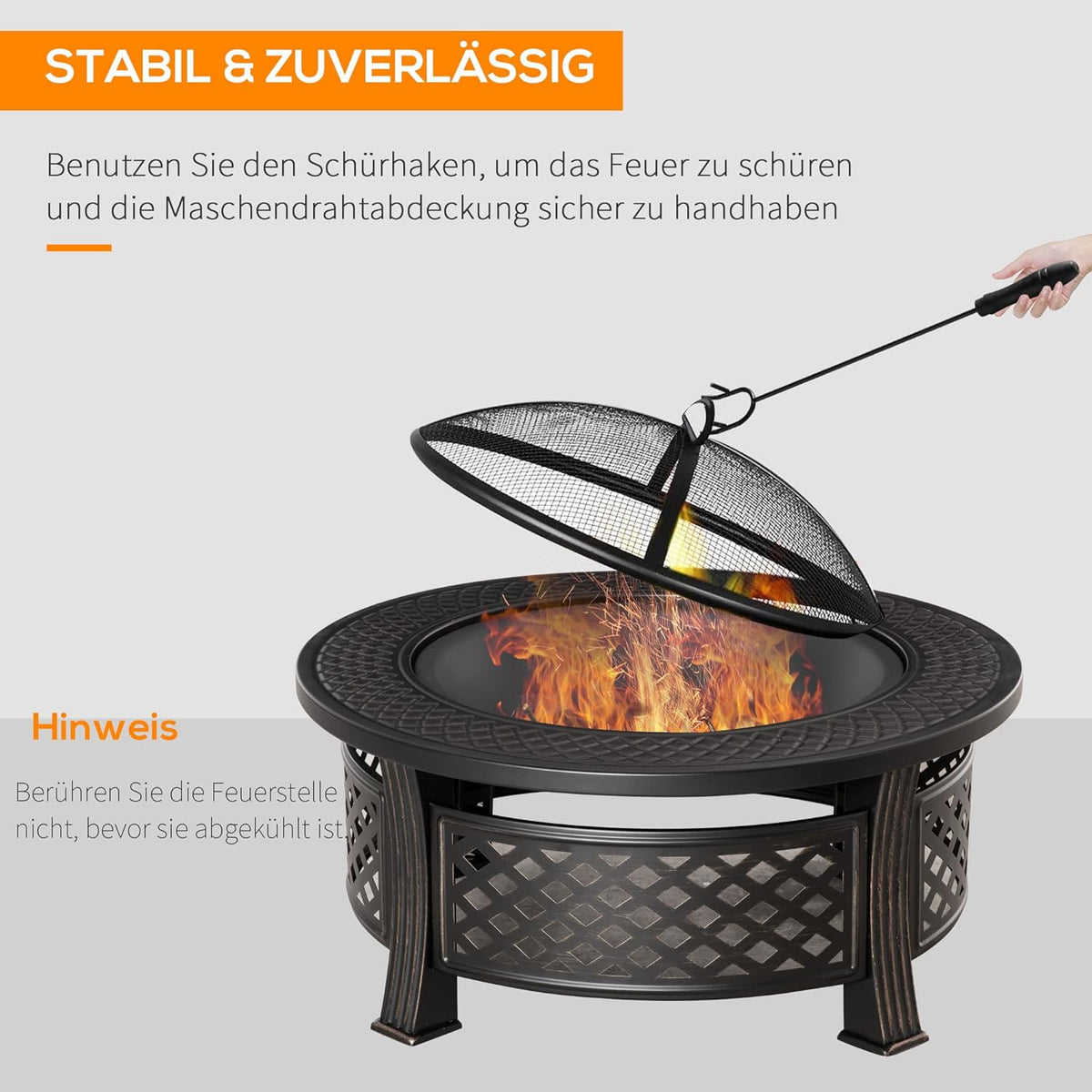 Outsunny fire bowl with poker spark protection fire pit fire table round fire pit for garden camping BBQ steel black 81 x 81 x 50 cm - QUORE