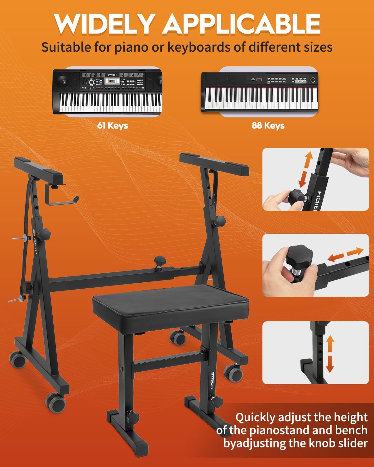 Keyboardstandaard En Pianobank Set Zwart – Pianobank, Pianokruk, Pianostoel, Digitale Pianostandaard – Verstelbaar In Hoogte En Breedte – Geschikt Voor 54 Tot 88 Toetsen