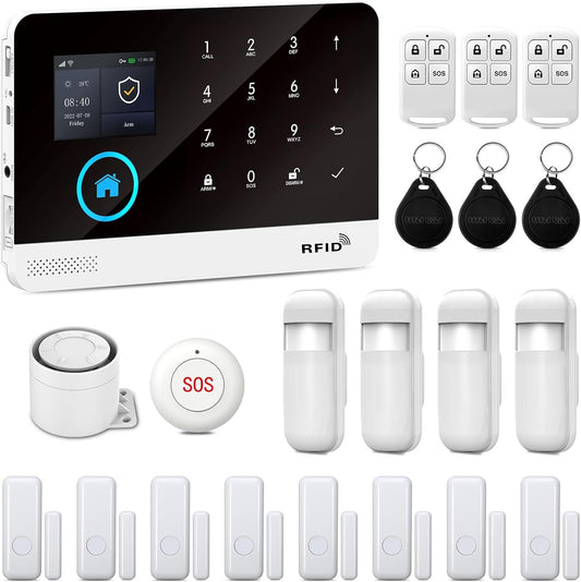 XNY WiFi Thuisbeveiligingssystemen, Draadloos 4G-alarmsysteem voor Thuisbeveiliging met APP-waarschuwing, 21-delig Pakket, Bewegingsdetector, Deur-raamsensor, Sirene, Werkt met Amazon Alexa en Google