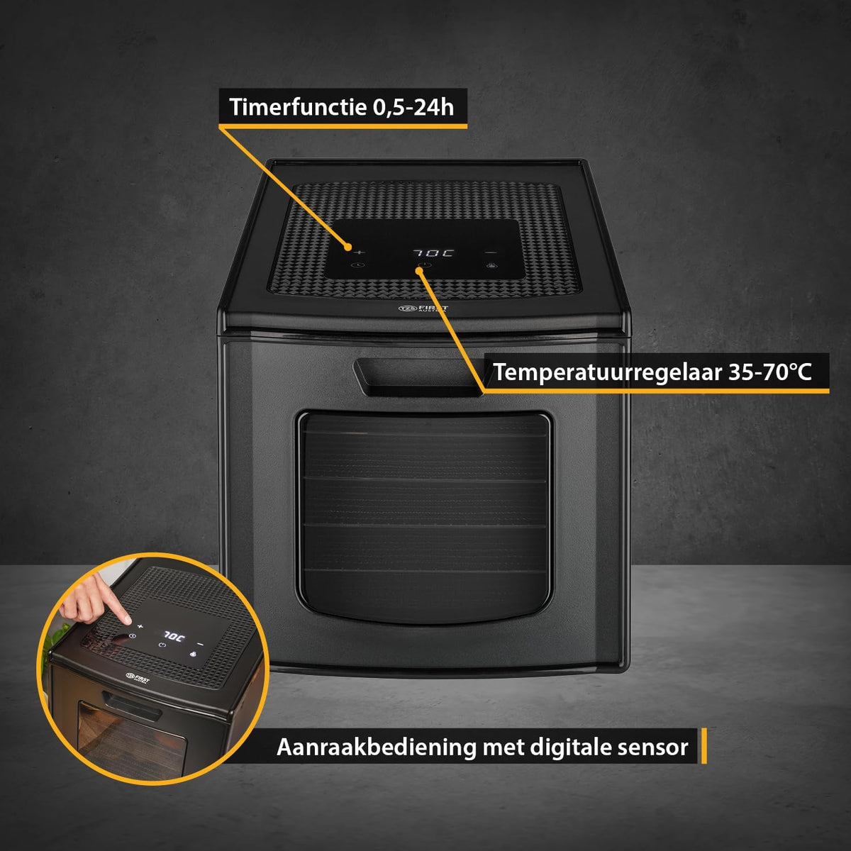 TZS First Austria Dehydrator - Dehydrator voor fruit, groenten en vlees - Digitaal met timer en temperatuurregeling 35-70°C - 6 roestvrijstalen niveaus, dehydrator met timer