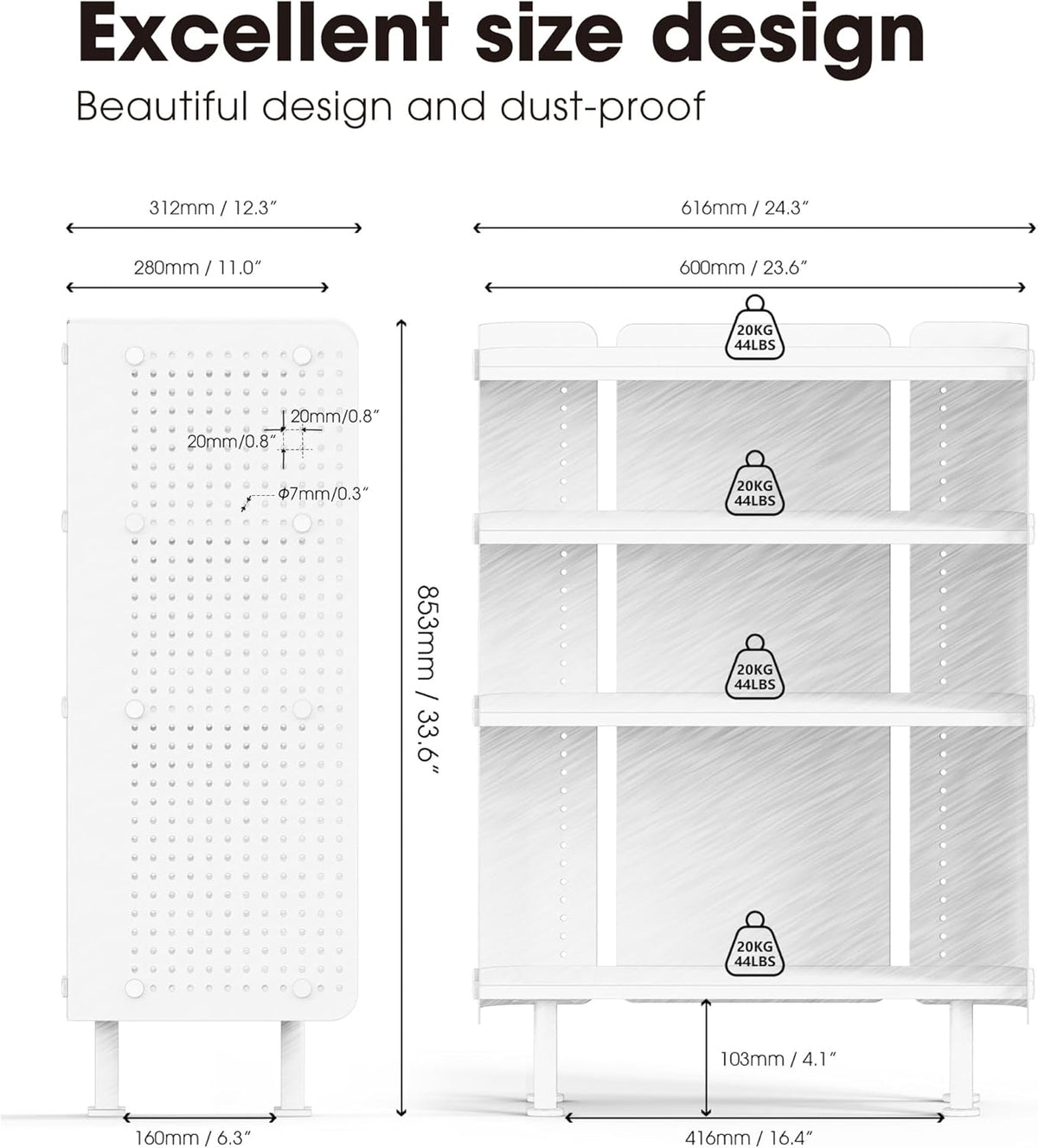 Fenge Boekenplank 4 lagen moderne displayrek plank met Pegboard, kleine boekenkast met verstelbare planken voor woonkamer, slaapkamer, thuiskantoor, 61,6 × 31,2 × 85,3 cm, Wit