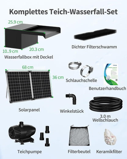 POPOSOAP Watervalvijver, 55 W zonne-waterval met vijverpomp 2000 l/u, 20 cm brede roestvrijstalen watervalbox, 3,0 m golfbuis, gebruiksklaar voor tuinvijverwaterfuncties buiten