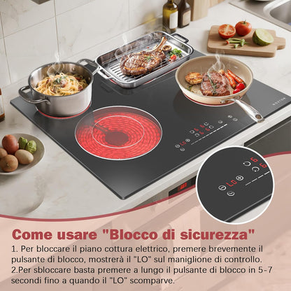 NOXTON Keramische kookplaat, 4 platen, inbouw, keramische kookplaat, 60 cm, met ovale zone voor grillpan, kookplaat, 4 kookplaten met touch-bediening, timer, kinderbeveiliging, 220 V-240 V, 6600 W
