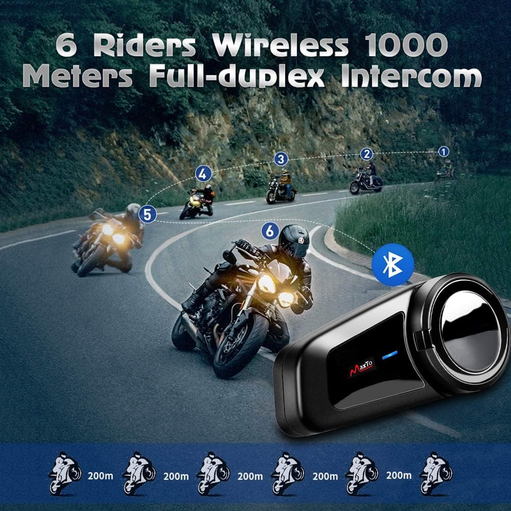 QSPORTPEAK Motorhelm Bluetooth Headset Communicatiesystemen Kit, 2 stks M2 1000M 6 Rijders Helm Bluetooth Intercom met Ruisonderdrukking, BT5.0/FM Radio/Siri/Universele koppeling/Waterdicht