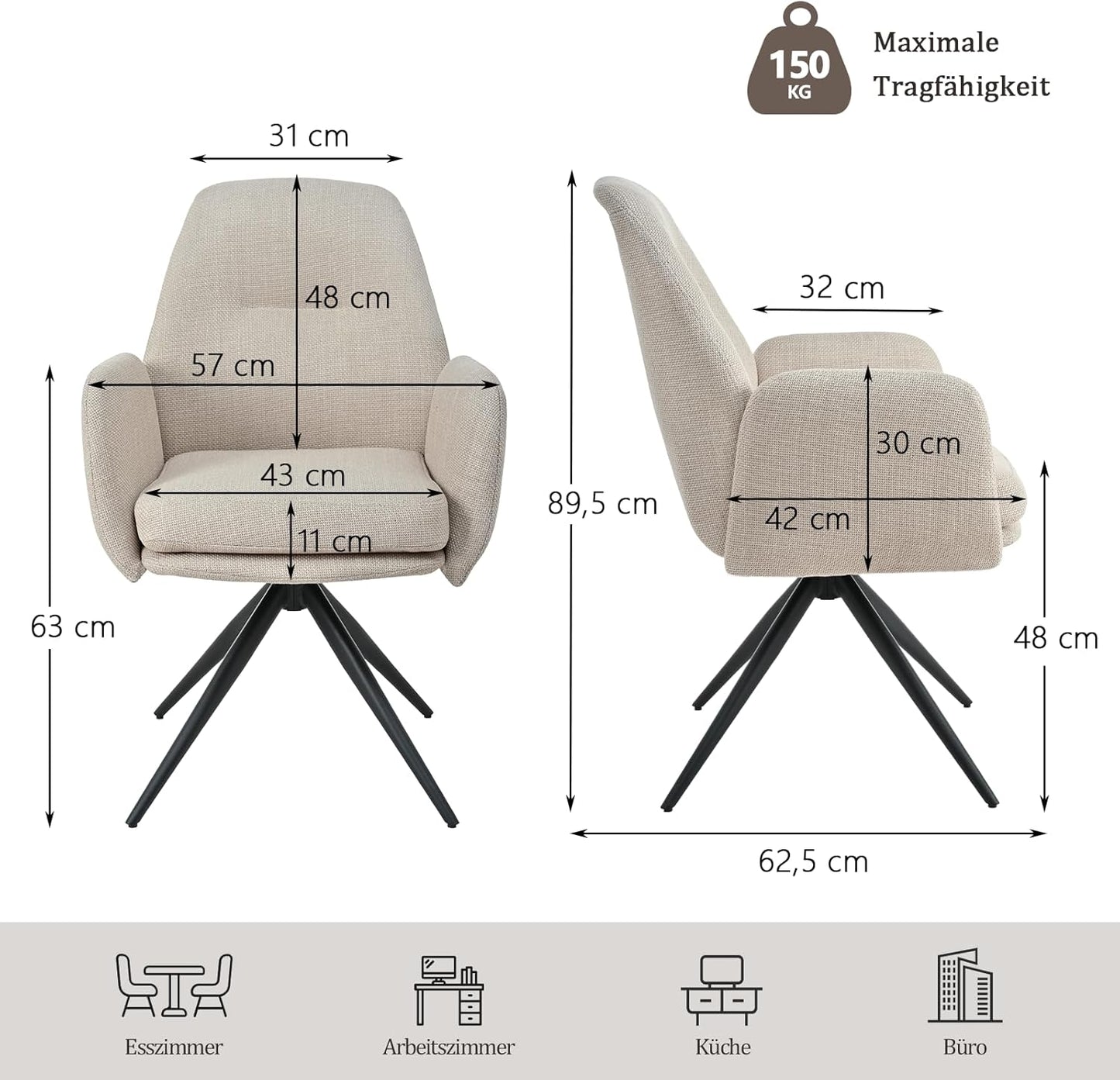 1 Draaibare Eetkamerstoelen 360° van Linnen met Armleuningen, Hoge Rugleuning en Dikke Gevulde Zitting, Beige
