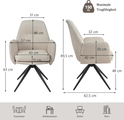 1 Draaibare Eetkamerstoelen 360° van Linnen met Armleuningen, Hoge Rugleuning en Dikke Gevulde Zitting, Beige