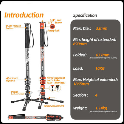 Fotopro 73-Inch Koolstofvezel Monopod met Pedaal en Voeten - 3-in-1 Professionele Carbon Fiber Travel Kit, Max 22 lbs voor DSLR Camera Stabilizer Videografie, Grijs