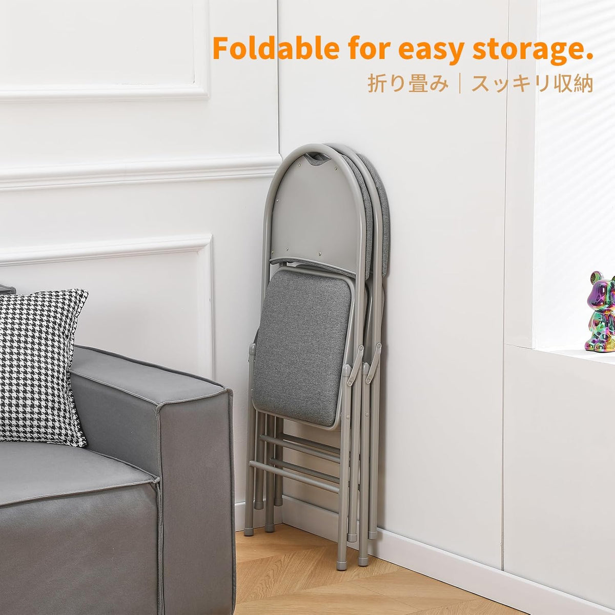 BOOSDEN Klapstoelen, set van 2, beklede klapstoel, grijs, klapstoel met verhoogde rugleuning, stapelstoel, tuinklapstoel, balkonstoel, klapstoelen voor keuken, eetkamer, kantoor, outdoor, balkon