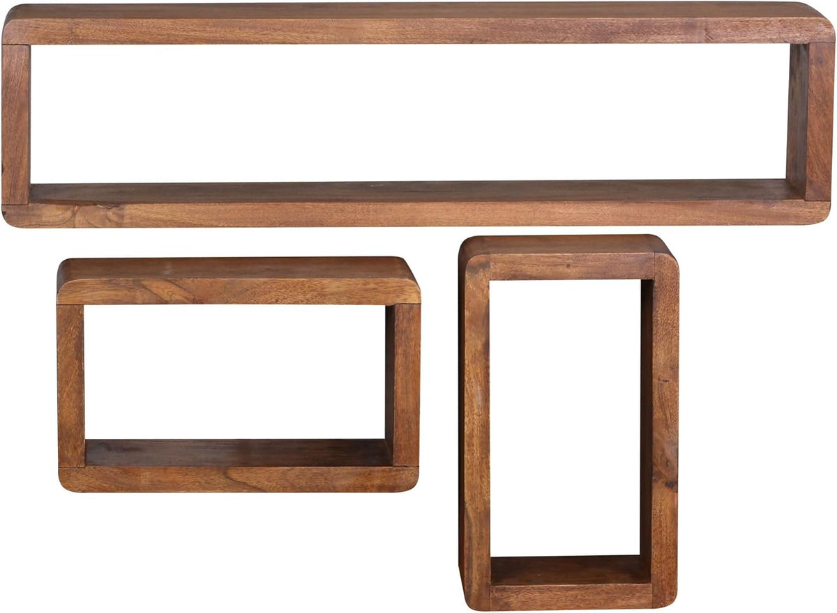 FineBuy Wall Shelf Set of 3 Sheesham Solid Wood | Wall Shelf Cube Hanging Shelf | Shelf for Wall Floating - QUORE