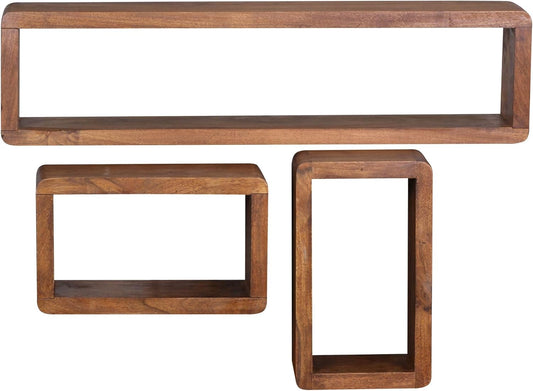 FineBuy Wall Shelf Set of 3 Sheesham Solid Wood | Wall Shelf Cube Hanging Shelf | Shelf for Wall Floating - QUORE