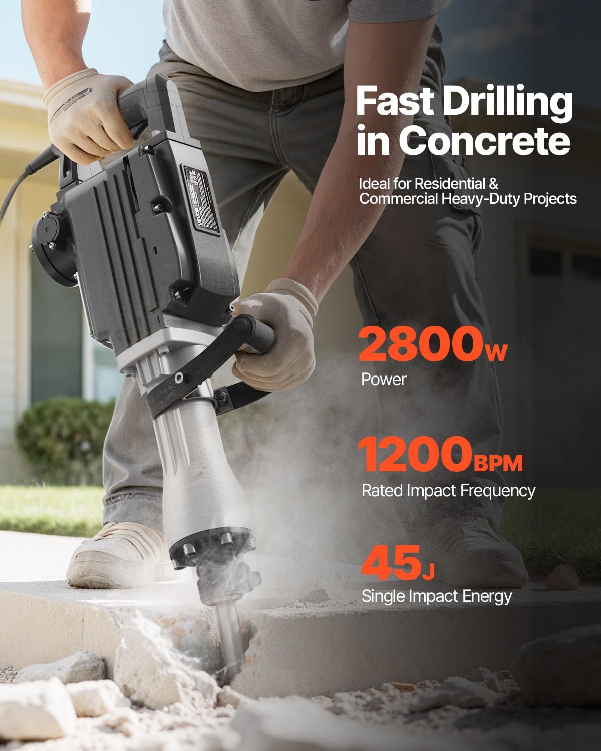 VEVOR Demolition Hammer, 2800 W, Electric Chisel 1200 BPM, Concrete Breaker with 3 Chisels, 1 Clay Shovel, Transport Case, Gloves, Goggles, for Chiseling, Construction, Destruction