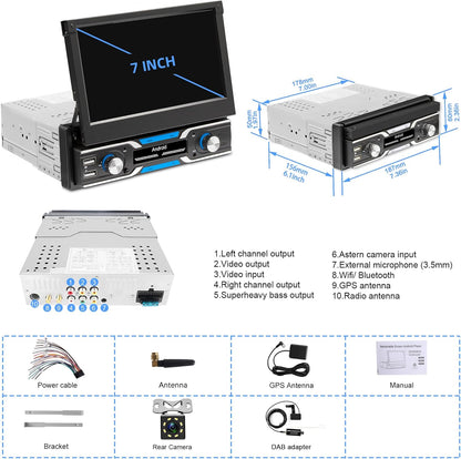 Autoradio 1 Din – Android Autoradio – Carplay Autoradio – GPS Navigatie Radio – DAB+ Autoradio – 7 Inch Automatisch Uitschuifbaar Scherm – Draadloze CarPlay & Android Auto