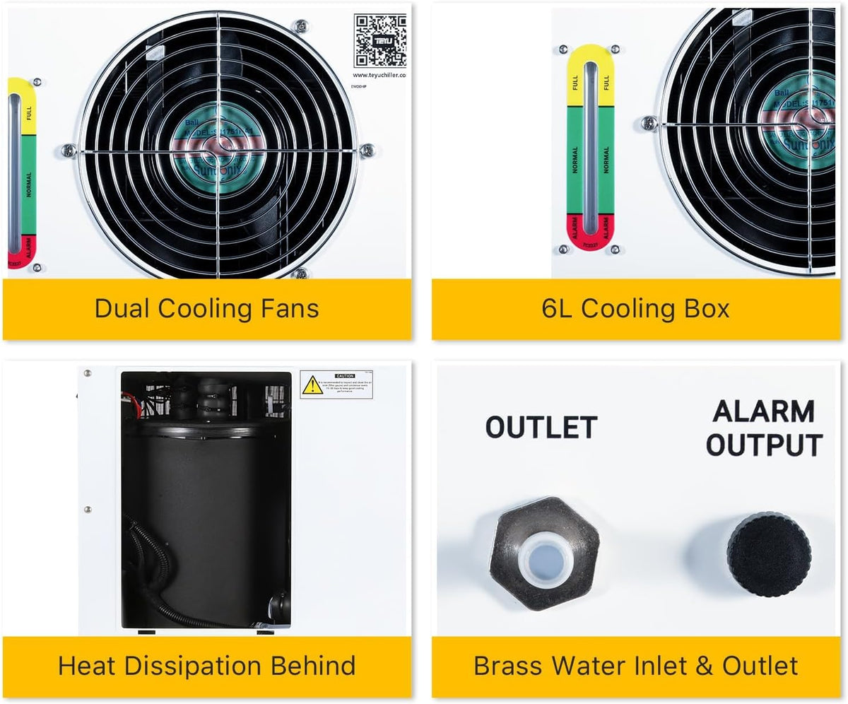 Industriële Waterkoeler – Waterchiller – Chiller – Koudwaterinstallatie – Laserwaterkoeling Voor CO2-Lasermachines 60-150W – 6 Liter Tank – 4879 BTU/u – ±0,3°C Temperatuurregeling