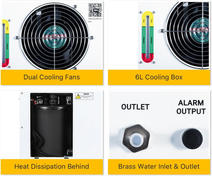 Industriële Waterkoeler – Waterchiller – Chiller – Koudwaterinstallatie – Laserwaterkoeling Voor CO2-Lasermachines 60-150W – 6 Liter Tank – 4879 BTU/u – ±0,3°C Temperatuurregeling