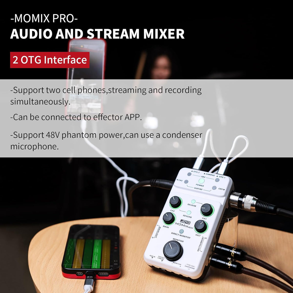 JOYO Audio-mixer, audio-interface, USB, stereo XLR + mixer met 48 V fantoomvoeding voor live streaming-opname, podcasting plug & play (MOMIX PRO)