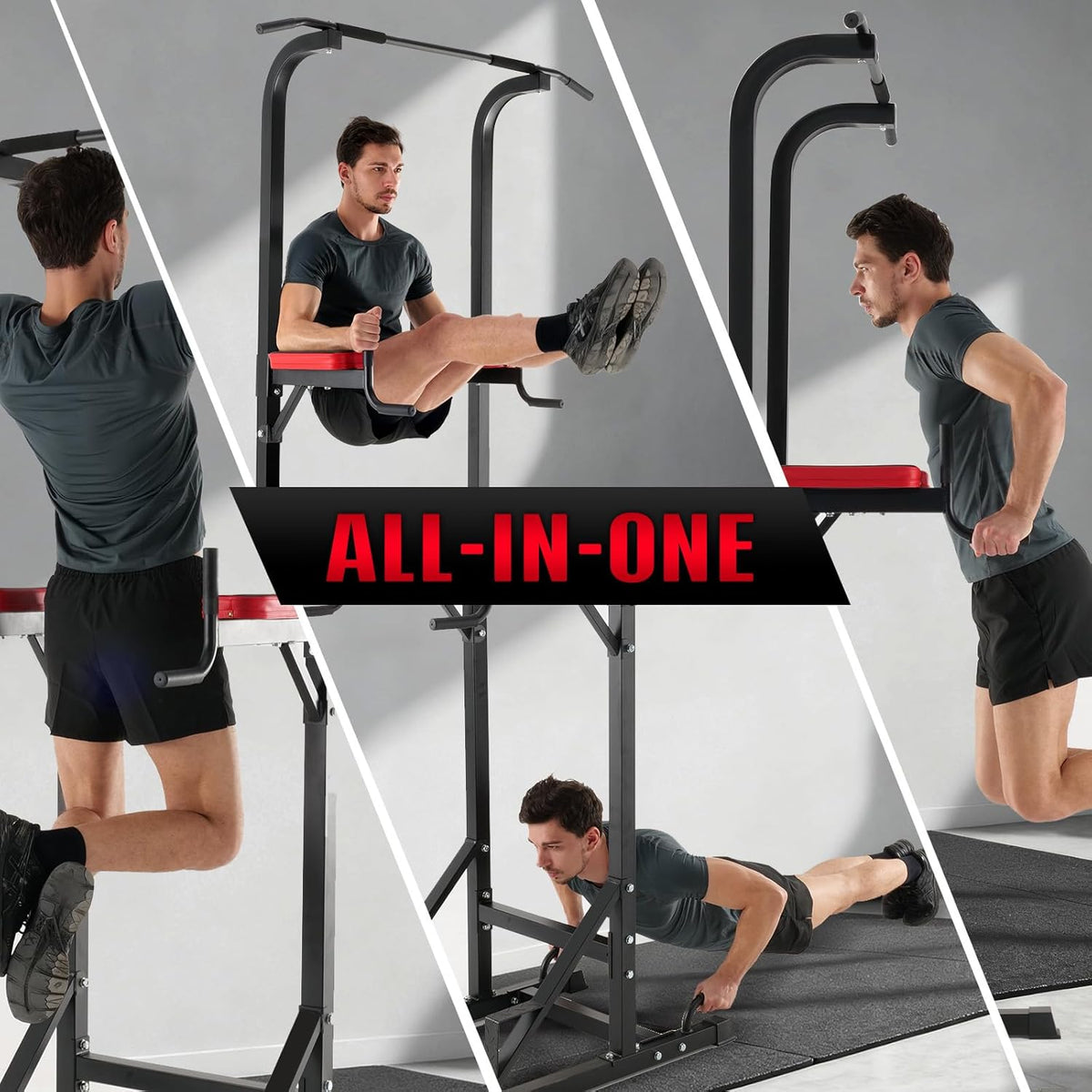 ISE 5in1 Power Tower Workout Dip Station, Multifunctionele Krachtstation voor Dips, Kin omhoog, Ideaal als Kinsteun, Buik-, Rug- en Triceps-trainers, Push-ups, Buikspieren, SY-5607