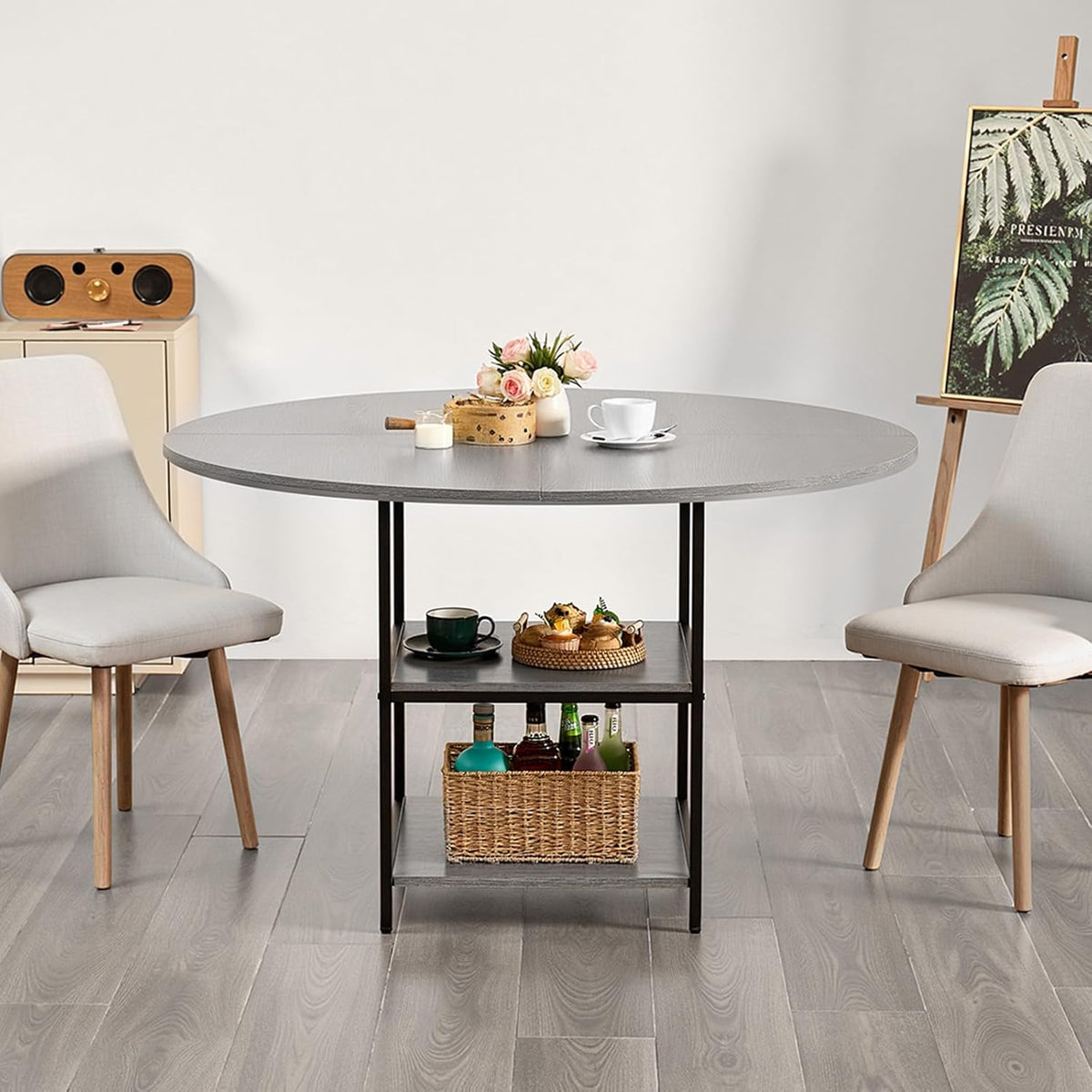 VEVOR Ronde eettafel 1200 mm houten tafel belasting 136,1 kg moderne ronde meubels met plank en metalen poten voor keuken thuis woonkamer grijs alleen tafel