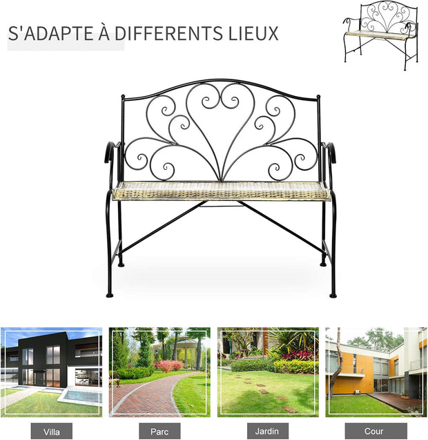 Tuinbank - Buitenbank - Terrasbank - Balkonbank - 2-zitsbank - met Metaal Frame - Armsteunen - Neo-Retro Stijl - Tuinmeubelen - voor Tuin - Terras - Balkon - Epoxy Meubelafwerking - 100 x 50 x 88 cm - Zwart