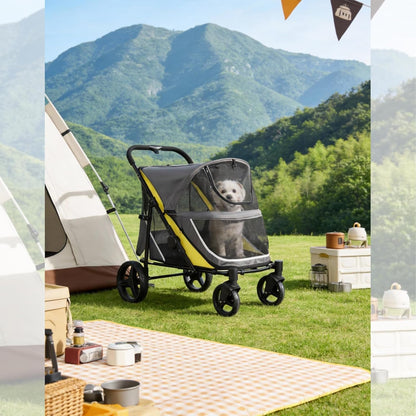 GarveeLife 2-in-1 hondenwagen, hondenbuggy inklapbaar voor grote en middelgrote honden en katten, huisdieren, buggy opvouwbaar met netramen, bekerhouder, verstelbare handgreep en 360° wielen, tot 50