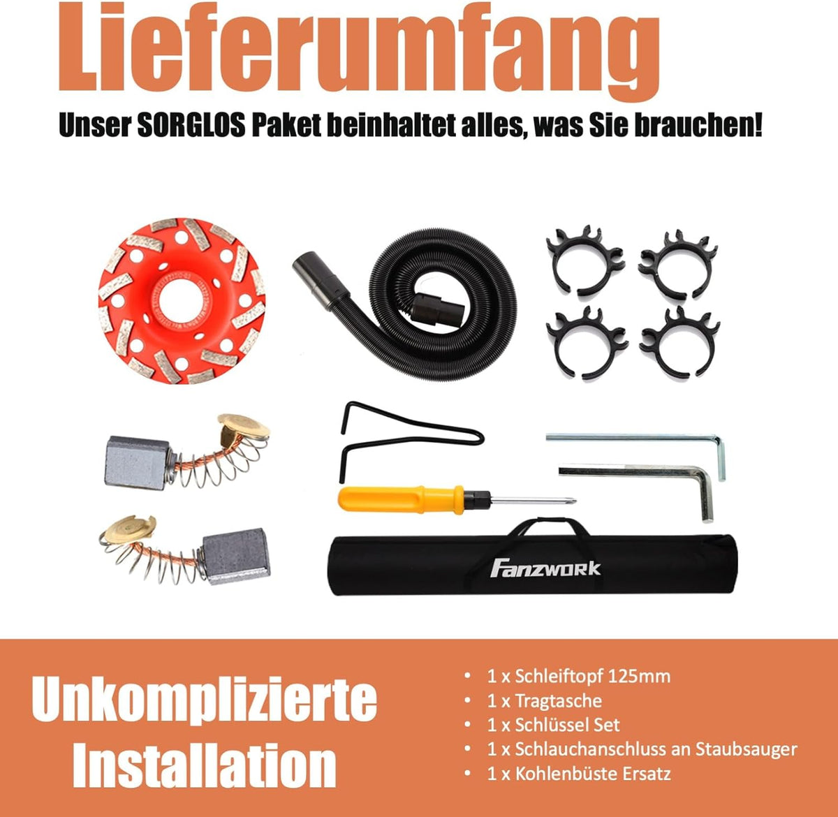 FANZWORK Betonschuurmachine, 1010 W, met telescoopstang tot 1,20 m, inclusief diamantslijpkop van 125 mm en draagtas, instelbare snelheid, ideaal voor het gladmaken van beton