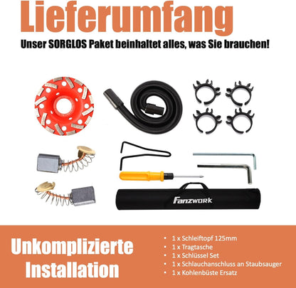 FANZWORK Betonschuurmachine, 1010 W, met telescoopstang tot 1,20 m, inclusief diamantslijpkop van 125 mm en draagtas, instelbare snelheid, ideaal voor het gladmaken van beton
