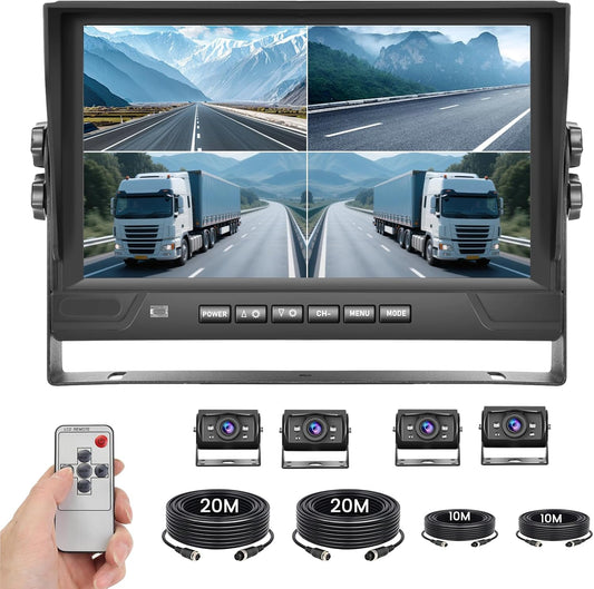 1080p achteruitrijcameraset met 4 AHD-camera's, 9 inch DVR-quad-split-monitor, beschermingsklasse IP68, nachtzicht, voor- en achteruitrijcamera's met 2 x 10 m + 2 x 20 m kabels, geschikt voor