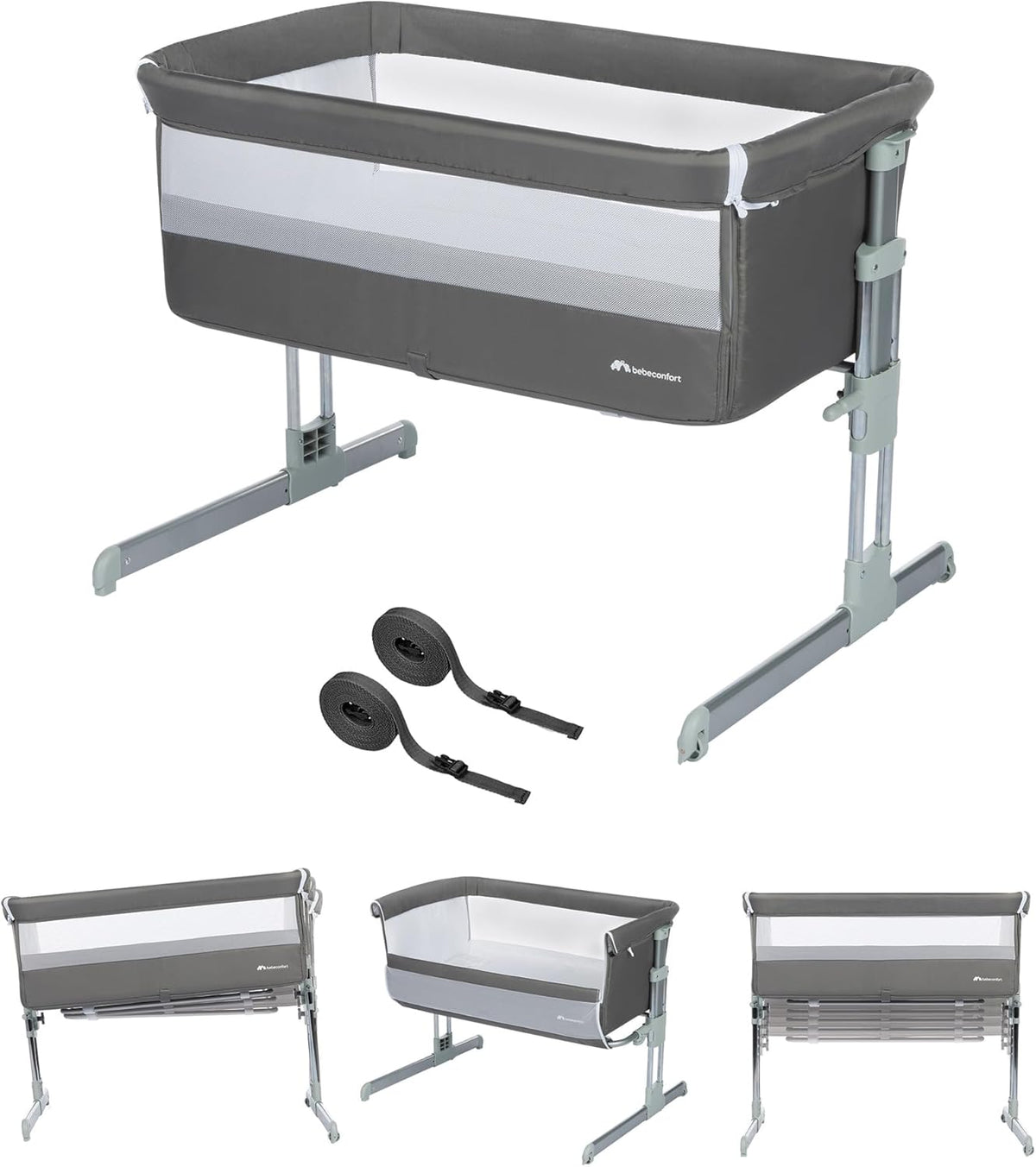 Bebeconfort Calidoo, 2-in-1 Baby Co-sleeper & Aanschuifbedje, 0 - 6 Maanden (0 - 9 kg), Verstelbaar, 5 Hoogtestanden, Groot Gewatterd Matras, Meshstof Zijkanten, Inklapbare Zijkant, Grey Mist