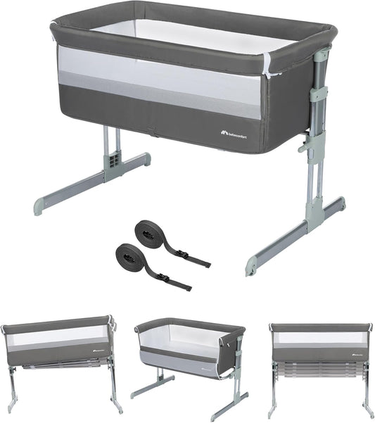 Bebeconfort Calidoo, 2-in-1 Baby Co-sleeper & Aanschuifbedje, 0 - 6 Maanden (0 - 9 kg), Verstelbaar, 5 Hoogtestanden, Groot Gewatterd Matras, Meshstof Zijkanten, Inklapbare Zijkant, Grey Mist