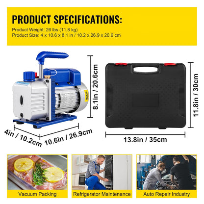 Vacuümpomp – Aircopomp – Zuigpomp – Koeltechniekpomp – HVAC Vacuümextractor – Krachtige 1/4 PK Motor – 4,8 CFM Luchtopbrengst met Drukmeters